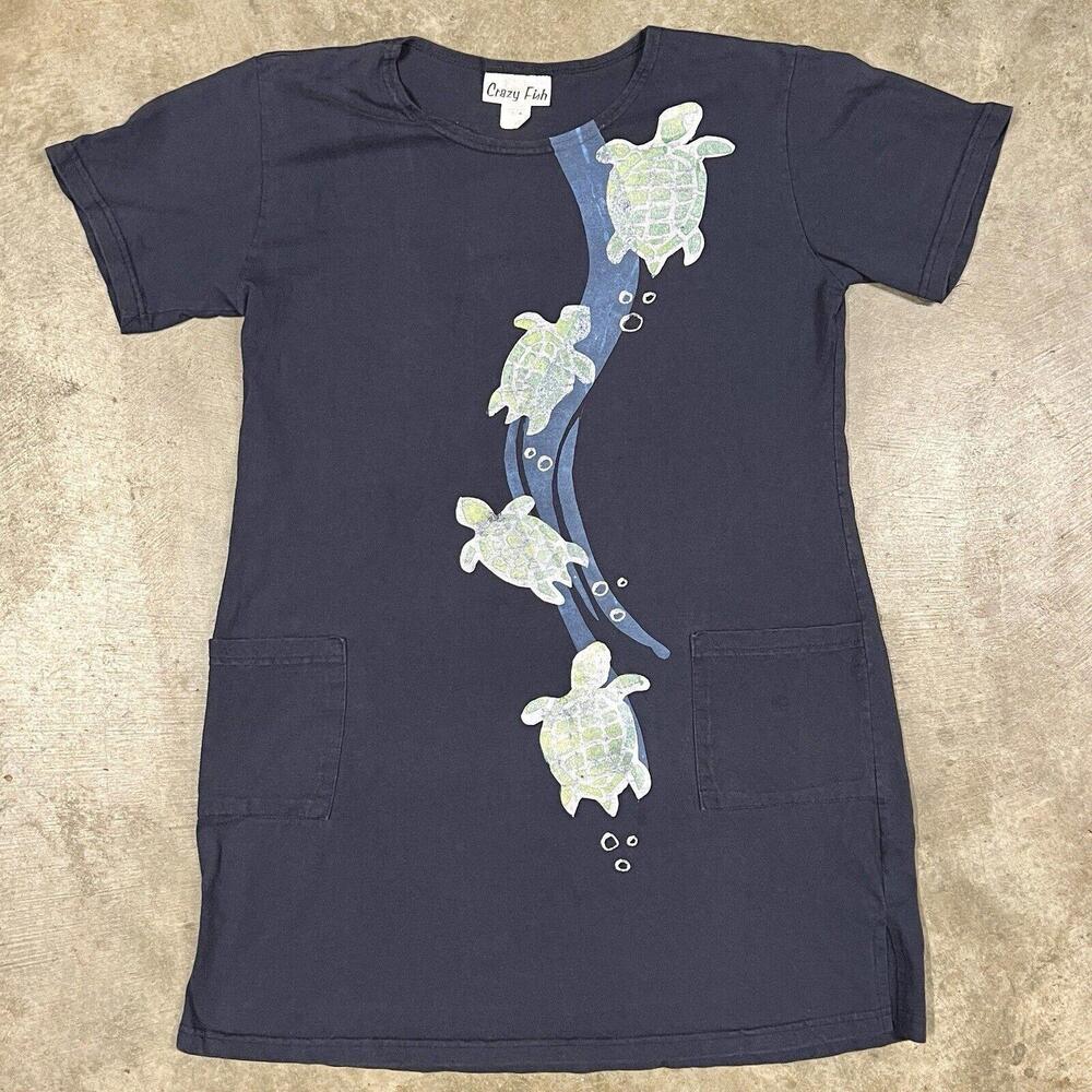 Vintage Crazy Fish T Shirt Dress Sz M Painted Turtle Water Graphic Front Pockets